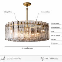 Lustre en laiton à 20 bras avec verre martelé et éclairage LED pour salon, hôtel, villa - Vente en gros