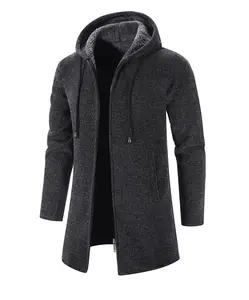 Winter New Fleece Thickened Mid-length Hooded Knit Trench Coat Men's Sweater