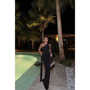 Robe de bal chic de luxe noire pour femmes, robe longue à volants, imprimé brodé, polyester, taille empire, grande taille XL - Product Image 5