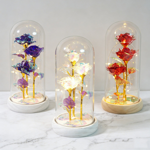 Rose in Foglia d'Oro in Cupola di Vetro con Luce LED 11*21cm, Lampada Rosa Iridescente Viola, Ornamento di Lusso per Arredamento Casa, Fornitura di Fabbrica - Product Image 5