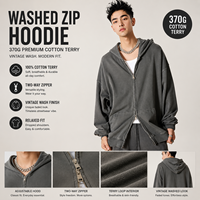 Sweat à capuche zippé vintage 370 GSM, délavé, épais, effet usé, pour homme, streetwear, marque privée, vente en gros