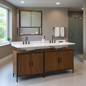 Ensemble de meubles de salle de bain moderne en chêne fumé, meuble-lavabo 60 pouces avec miroir, vasque en céramique, design rectangulaire sur pied - Product Image 2