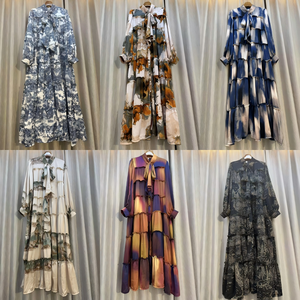 계층 새틴 맥시 원피스 겸손한 의류 여성 디자이너 의류 플러스 사이즈 가벼운 럭셔리 우아한 꽃 무늬 드레스 교회 - Product Image 3