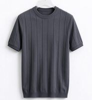 T-shirt tricoté à manches courtes pour homme, col rond, rayé, coupe ajustée, décontracté, anti-humidité, style Old Money, en soie glacée, été, transfrontalier
