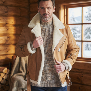 Chaqueta de Motero para Hombre de Cuero Genuino Marrón con Forro de Piel Sintética, Cierre de Cremallera, Estilo Moto, Abrigo Grueso y Cálido para Invierno - Product Image 3