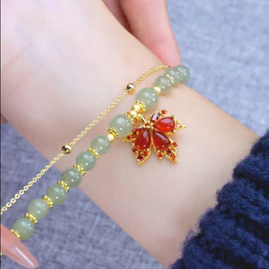 <b>Red</b> Agate Maple Leaf <b>Bracelet</b> Double Layer Chain Women's Jewelry Gift Elegant Fashion Accessory - Product Image 1