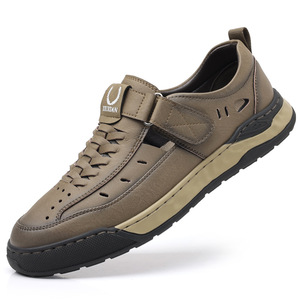 Zapatos Casuales de Piel Suave para Hombre XiuXian, Mocasines Perforados con Cierre de Velcro, Transpirables, Color Caqui - Product Image 5