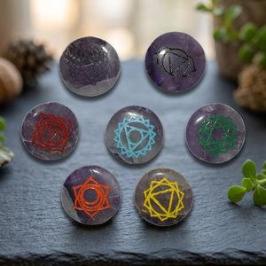 Amethyst <b>Chakra</b> Symbol Stones <b>Set</b> Handmade <b>Crystal</b> Reiki Healing Circle Shape Art Collectible Amethyst Engraved <b>Chakra</b> Symbol - Product Image 5