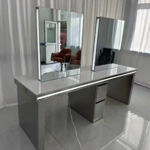 Modern Stainless Steel Double Sided Salon <b>Workstation</b> with LED Light Mirror Station for Professional Hair Salons - Product Image 2