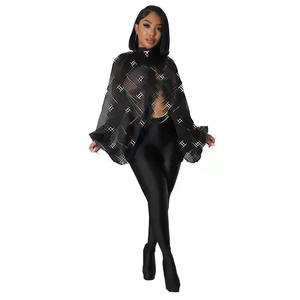 DD0038 Европейский Американский Женский Повседневный модный летний топ, сексуальный прозрачный сетчатый топ с рукавом летучая мышь, обтягивающий галстук спереди - Product Image 1