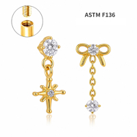 ASTM F136 Titanium Kelas Implan Berlapis Emas 18K Model Bunga Ulir Dalam Labret Helix Tragus Bibir Zirkon Pernikahan