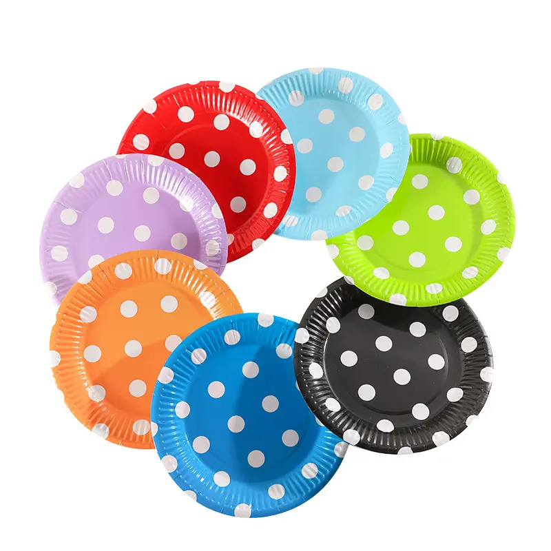 Groothandel Papier Plaat Gekleurde Polka Dot Paper Plate Verjaardagsfeestje Supplies Papier Taart Plaat