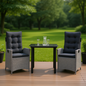 Ensemble de salle à manger de jardin en rotin gris avec accoudoirs réglables, 2 places, mobilier d'extérieur, style contemporain - Product Image 2
