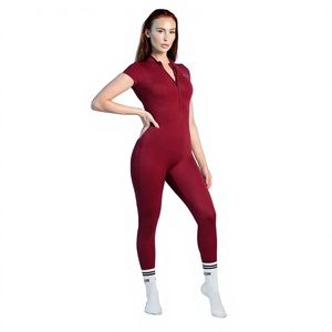 Mono de mujer de color liso, de cintura alta y largo completo, con cremallera, cuello polo, manga corta, control de abdomen y efecto moldeador, para yoga - Product Image 1