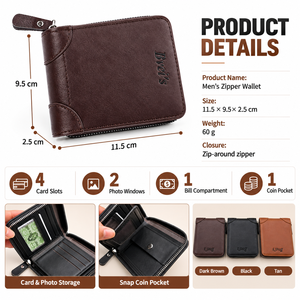 <span class=keywords><strong>Portafoglio</strong></span> Bifold da <span class=keywords><strong>Uomo</strong></span> con Cerniera, Scomparti per Carte, 2 Finestre Portafoto, Scomparto per Banconote, Tasca Portamonete con Chiusura <span class=keywords><strong>a</strong></span> Bottone, Design Compatto, Vendita all'Ingrosso - Product Image 4