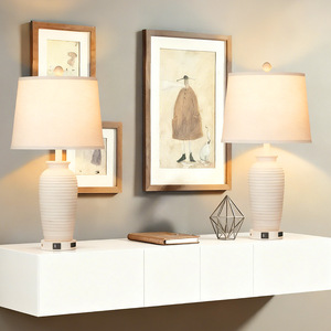 Farmhouse Ceramic Table Lamp Touch Control E26 LED White Shade With Us Port Bedroom Living Room Desk <b>Light</b> - Product Image 3