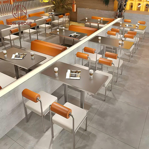 Set di Mobili Commerciali per Ristoranti: Tavoli <span class=keywords><strong>con</strong></span> Struttura in Metallo, Sedie Moderne Arancioni, Divani e Panche <span class=keywords><strong>con</strong></span> Finiture per Caffè, Hotel e Sale da Pranzo - Product Image 4