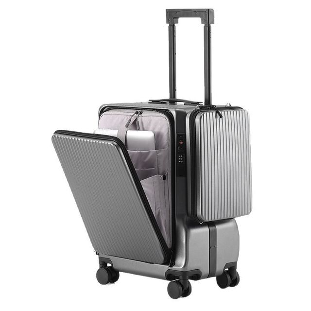 2-in-1 Luggage with Detachable Shoulder Bag,Front Open Aluminum Frame Trolley Case with USB Charging, Cup Holder & Phone Stand
