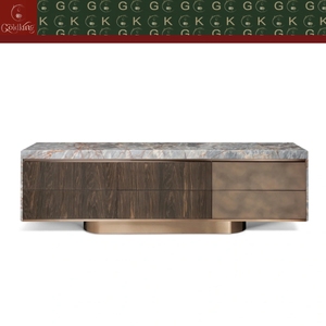 GOLDKING Mueble de <span class=keywords><strong>TV</strong></span> Moderno para Sala de Estar, Mármol Patagonia Blanco con Vetas Marrones, Madera de Nogal, Cajones de Metal Cobre, Fabricación Personalizada OEM - Product Image 2