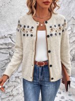 Damen Gemütliche Cremefarbene Fair Isle Geometrische Strickjacke, Kontrastbesatz Knopfleiste Rundhals-Strickpullover mit Geripptem Saum, OEM/ODM
