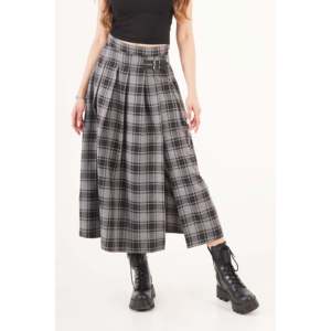 LUSTRIN Women's Gray Plaid Long <b>Skirt</b> with Elegant Belt Detail and Stylish Side Slit - Comfortable Cotton Blend Fabric for All - Product Image 1
