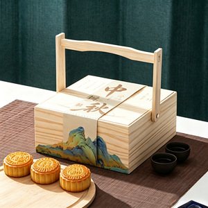 Wooden Mooncake Gift <b>Box</b> Rectangle <b>Pine</b> Handmade For Mid Autumn Festival Packaging Customization - Product Image 1