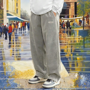 Pantalon décontracté pour homme en laine peignée mi-lourde, uni, teinture unie, écologique, respirant, ample, droit, avec cordon de serrage, automne-hiver - Product Image 2