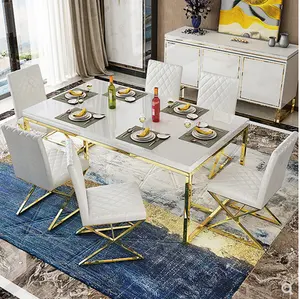 Conjunto moderno de móveis para sala de jantar, elegante italiana, sala de jantar, jantar dourado, vidro temperado, topo, mesa amarrada