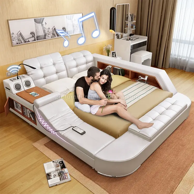 Tatami de cuero moderno, cama doble inteligente multifuncional, masaje eléctrico ajustable para habitación de boda