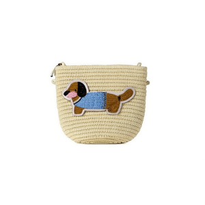Petit sac en paille tressée pour enfant, motif Teckel vêtu, 12x14cm, accessoire de mode - Product Image 1
