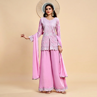 Setelan Sharara Wanita IndoWeaves Hitam dari Bahan Georgette dengan Bordir Payet dan Kerawang, Dilengkapi Dupatta, Pakaian Pesta Tradisional Bebas Kerut