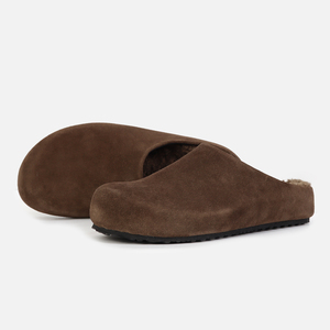 Mules plates en daim <span class=keywords><strong>de</strong></span> vache marron doublées <span class=keywords><strong>de</strong></span> fourrure d'agneau pour <span class=keywords><strong>homme</strong></span>, pantoufles Birken, fabrication sur mesure - Product Image 1