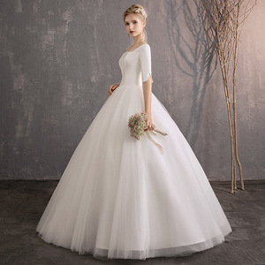 Simple Elegant Satin Wedding Dress Square Neck Half Sleeve Floor Length A Line Bridal Gown For Petite Women - Product Image 3