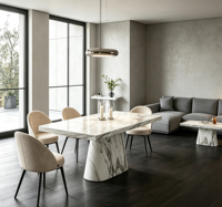 Ensemble de meubles de salle à manger en marbre de luxe moderne, table à dîner rectangulaire en pierre, grande base sur piédestal, mobilier minimaliste pour la maison