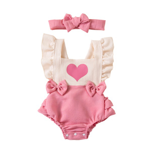 Friendly <b>Baby</b> Girl Ruffle Romper With <b>Headband</b> Heart Print Outfit for Toddler Daily Party Wear - Product Image 1