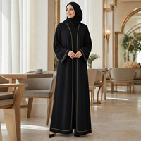 Abaya noire tricotée sur mesure pour femme avec passepoil doré, devant ouvert, manches longues, robe kaftan musulmane, tenue modeste du Moyen-Orient, OEM