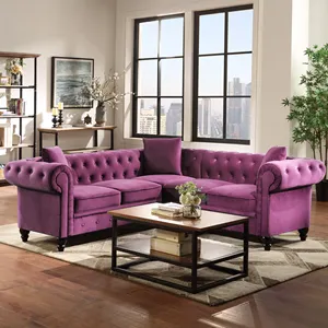 Modernes klassisches Chesterfield-Samts ofa mit 3 Kissen L-förmige Couch für Wohnzimmer