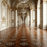 Parquet en noyer artisanal de luxe de qualité palais pour grandes villas avec incrustation octogonale en marbre noir et blanc