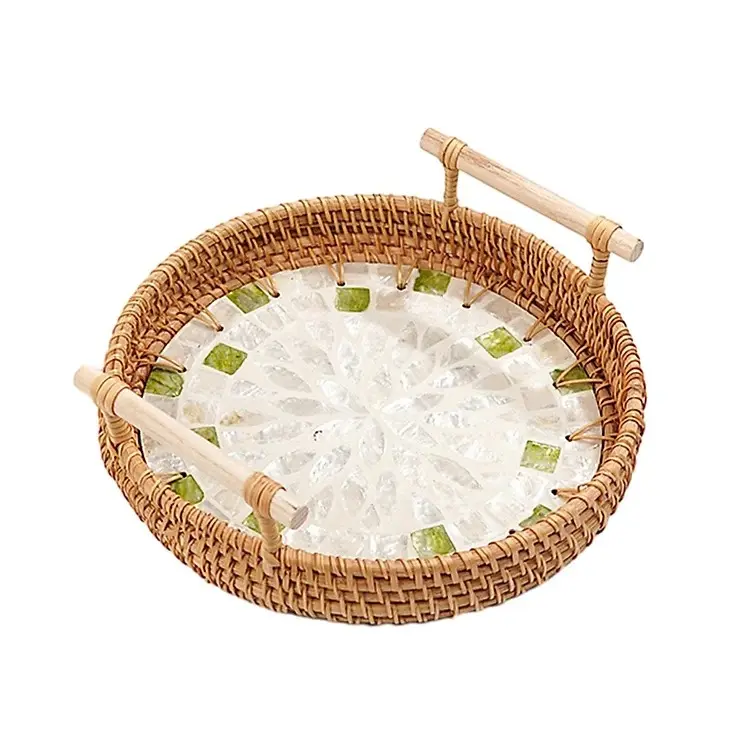 Hot Trending Bamboo Rattan Mother of Pearl Dining Decor Fruit Candle Trays Customize Size Color Storage Organizer