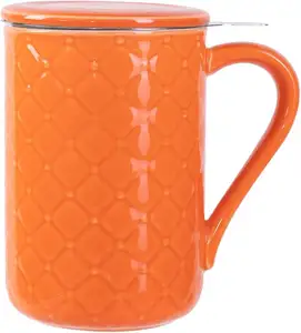 橙色压花瓷杯，带过滤器，用于散叶茶咖啡牛奶陶瓷茶杯，带盖和浸泡器