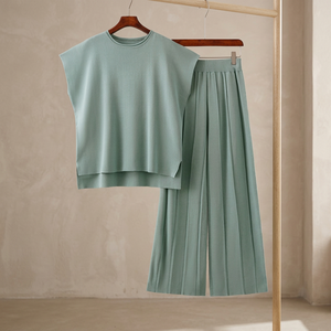 Conjunto de Pantalones Anchos Plisados y Top de Punto sin Mangas para Mujer, Color Sólido, Corte Holgado, Cuello Redondo, Tela Modal, Ropa Casual de Primavera/Verano - Product Image 4