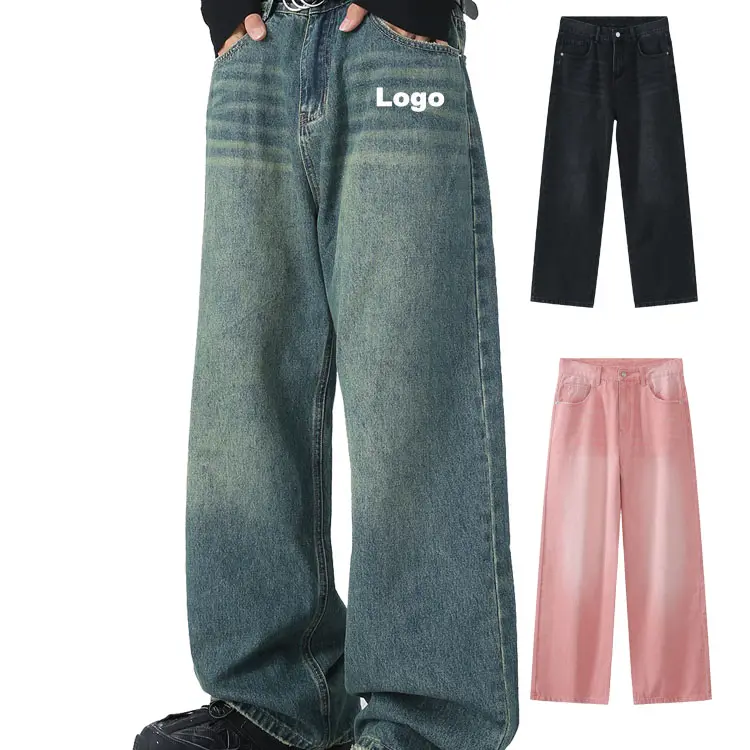 Ropa de calle colorida Retro hombres moda Denim 100% algodón lavado recto pierna ancha de talla grande hombres pantalones vaqueros holgados