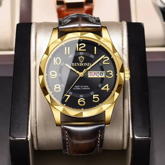 Binbond 5663 Men Quartz Movement Watch High Quality Leather Strap Waterproof Luminous Auto Date Business Wristwatch
