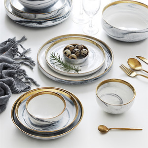 redondo logotipo casa decoración <span class=keywords><strong>juego</strong></span> de cena de borde de oro de mármol blanco de porcelana <span class=keywords><strong>platos</strong></span> de boda para restaurante - Product Image 6