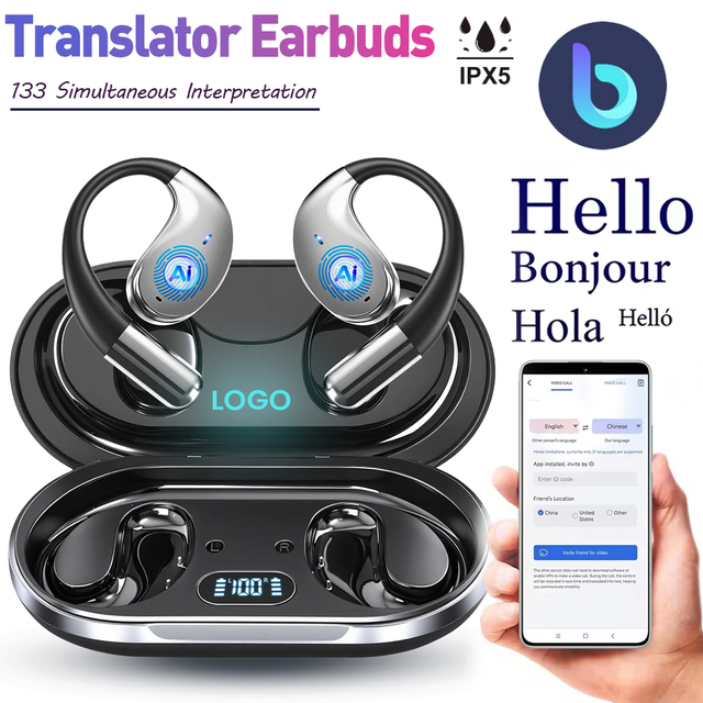 AI Translation Earbuds 133Languages Real-Time 2-Way Voice Translator Earphones Wireless V5.4 OWS Open-Ear Hi-Fi Music & Call
