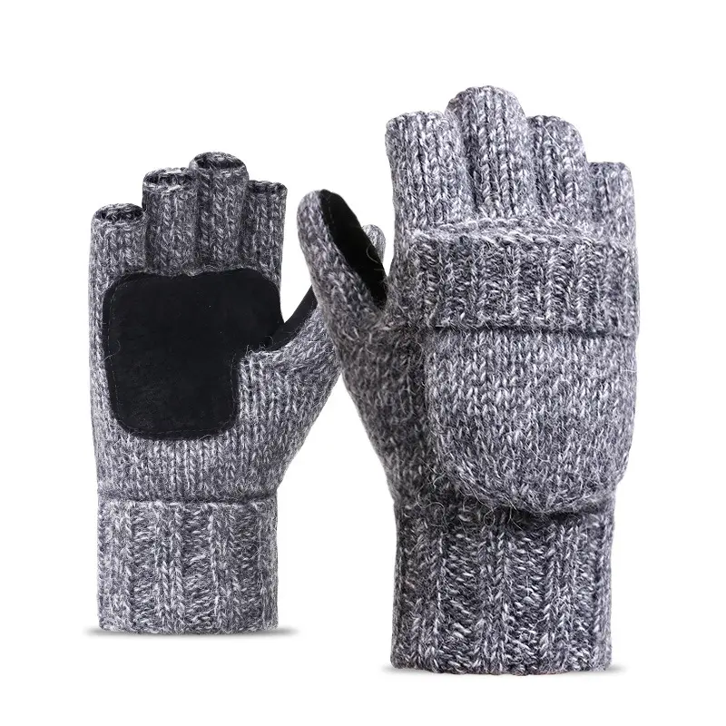 Wholesale Driving Genuine Leather Palm Warmth Half Five Finger Cover Mitten Men Touch Screen Woolen Knitted Winter Gloves