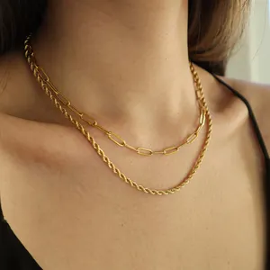 Ins Hypoallergenic Fashion 18K Gold Plated Layered Paperclip Chain Necklaces Women Stainless Steel Snake Twist Necklace Jewelry