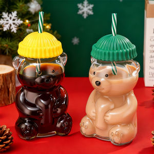 Vaso <span class=keywords><strong>de</strong></span> Vidrio con Forma <span class=keywords><strong>de</strong></span> Oso <span class=keywords><strong>de</strong></span> Peluche con Logotipo <span class=keywords><strong>de</strong></span> Marca Personalizado, Vaso Reutilizable para Bebidas Frías, Taza <span class=keywords><strong>de</strong></span> Café con Tapa y Sombrero - Product Image 1