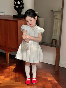 Nouvelle collection été 2026 : Robes pour filles style coréen, broderie ajourée, style preppy, manches bouffantes en dentelle, mélange de coton - Product Image 4