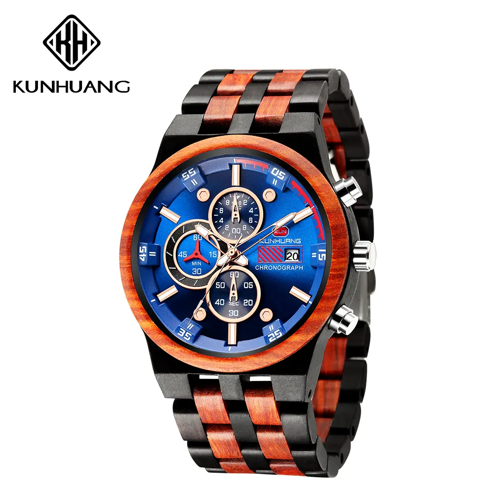 KUNHUANG Jam Tangan Konograf Pria, Arloji Kayu Quartz Dial Besar 1020